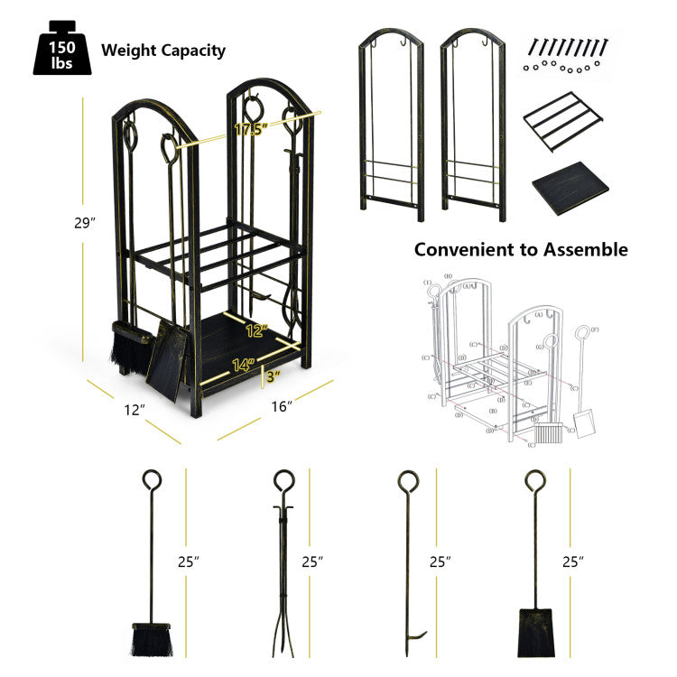Premium Fireplace Log Rack with 4 Pieces Fireplace Tools