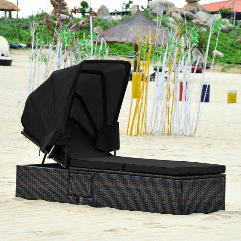 Outdoor Adjustable Cushioned Chaise Lounge Chair with Folding Canopy