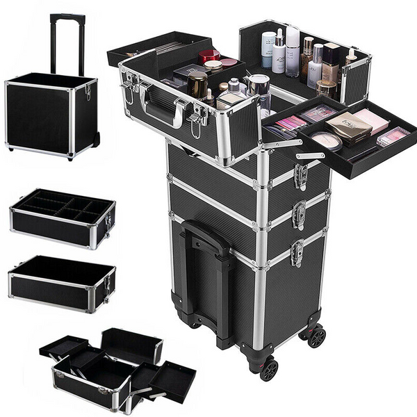 Premium 4 in 1 Makeup Train Case Salon Cosmetic Trolley and Organizer Box